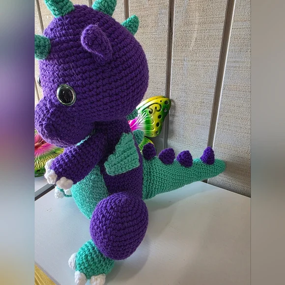 Hand Crafted Purple and Teal Crochet Dragon - Picture 3 of 3